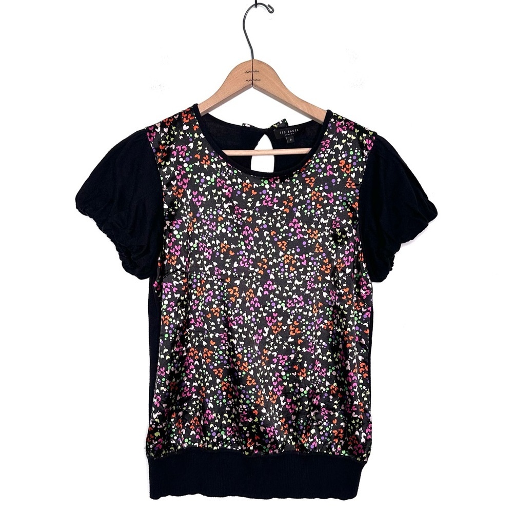 Ted Baker Floral Heart Print Satin Front Short Puff Sleeve Sweater Size 3 US 8